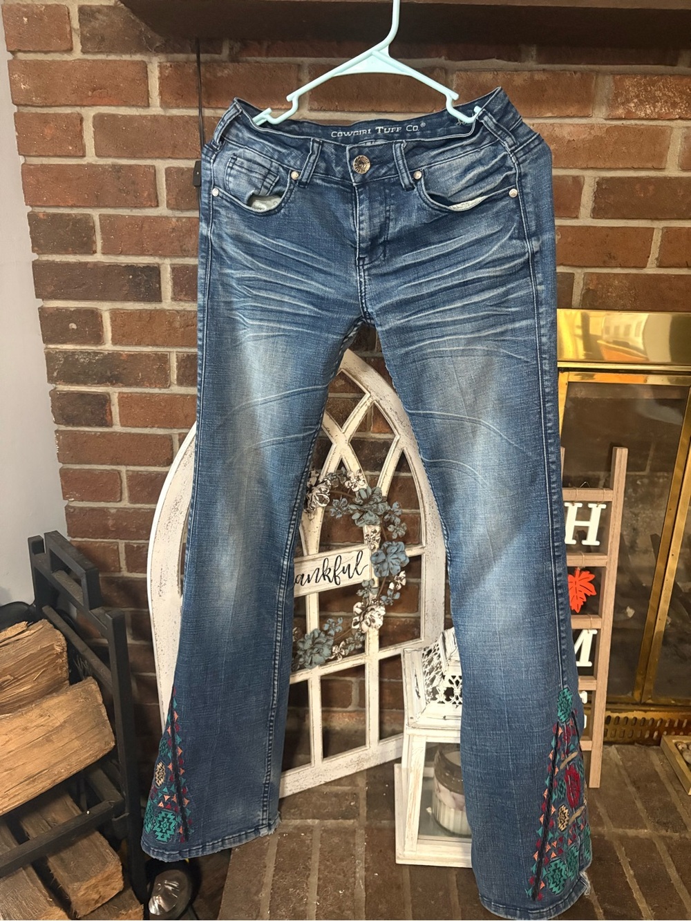 Cowgirl Tuff Blue Denim Flare Jeans with Embroidered Accents